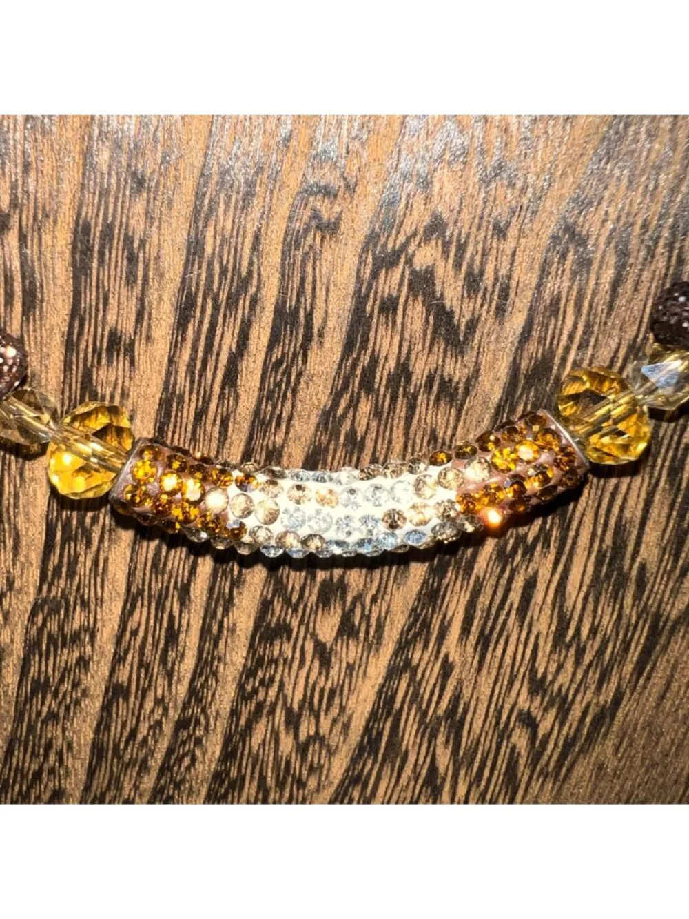Gold & Brown Crystal Beaded Necklace With Rhinestone Accented Curved Pendant & L - Picture 2 of 3